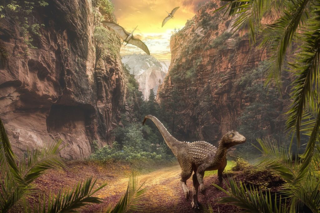 Prehistoric scene 1 dinosaur 1 flying dinosaur done with VR Content Creation